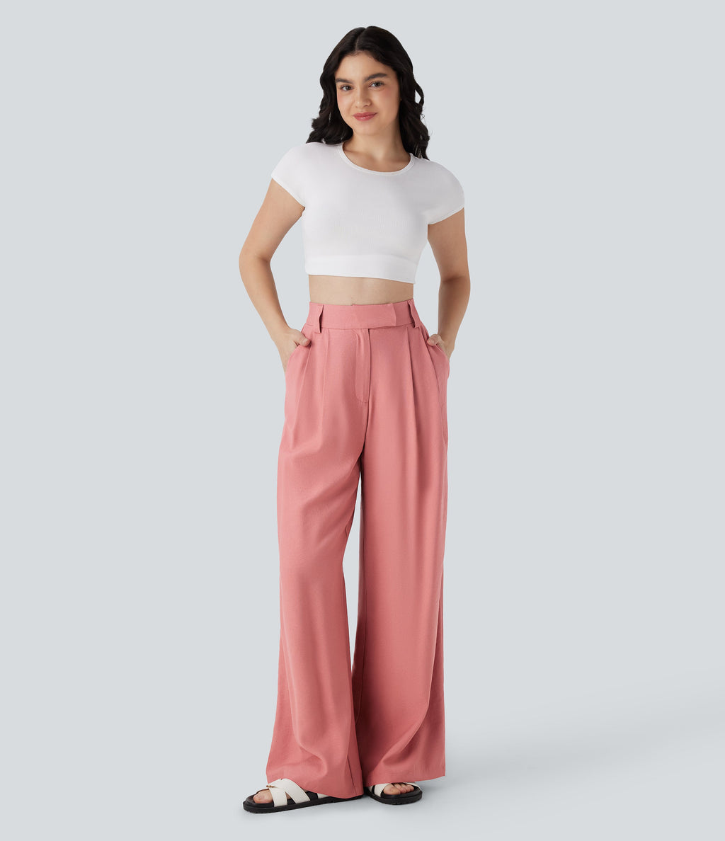 Mid Rise Wide Leg Casual Linen-Feel Pants with Pockets