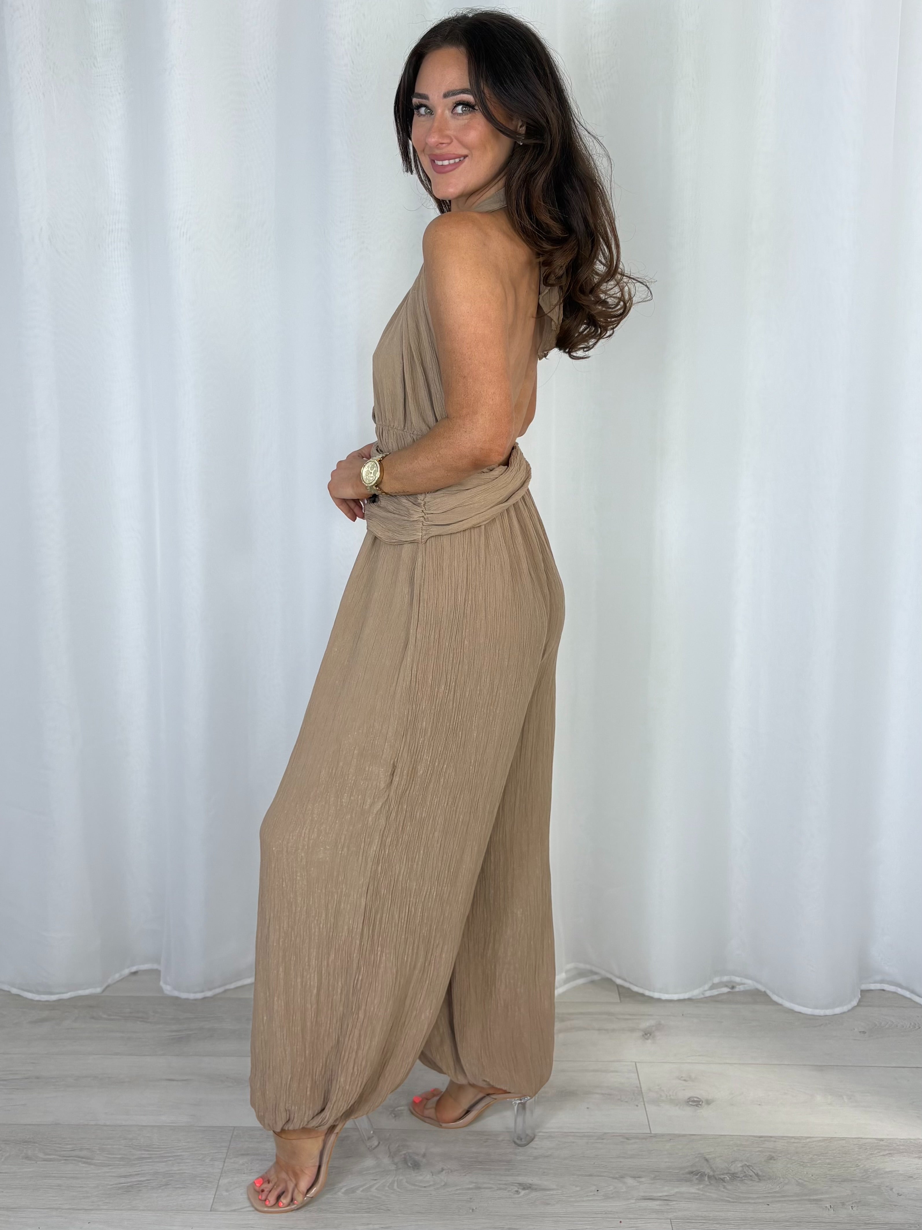 Crinkle Shimmer Halter Neck Drape Detail Backless Jumpsuit (7 Colours)