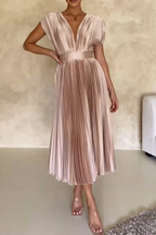 Women's Elegant V-neck Shiny Pleated Sleeveless Dress