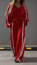 Women's V-neck Striped Casual Suit