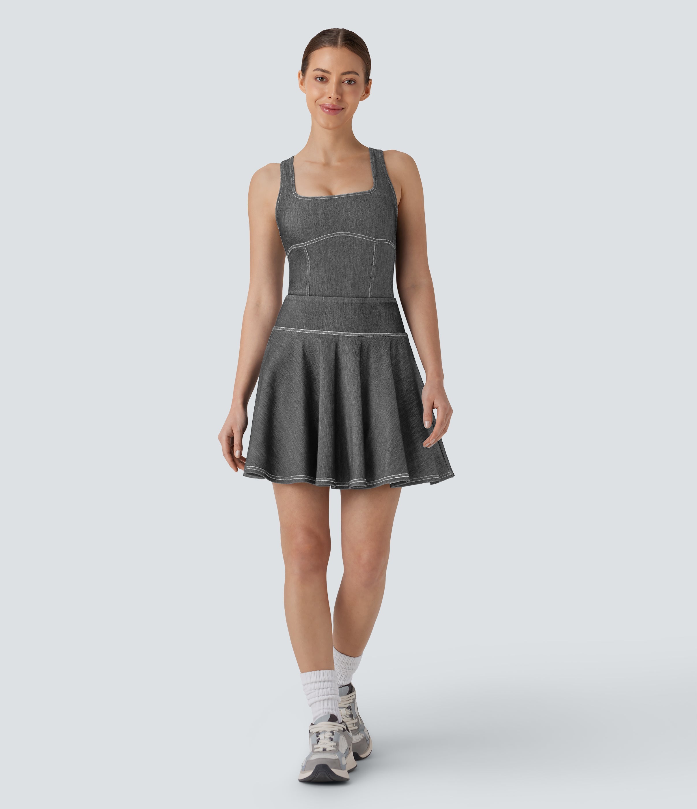 FlexTM Square Neck Racerback Cool Touch Washed Denim Tennis Bodysuit