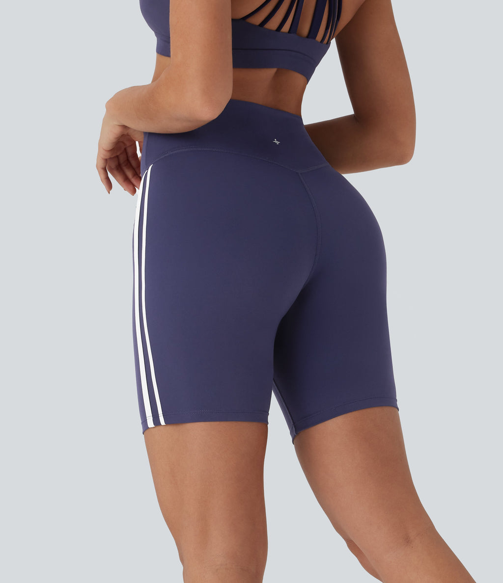 Crossover Mid Rise Color Block Stripe Yoga Biker Shorts 7''