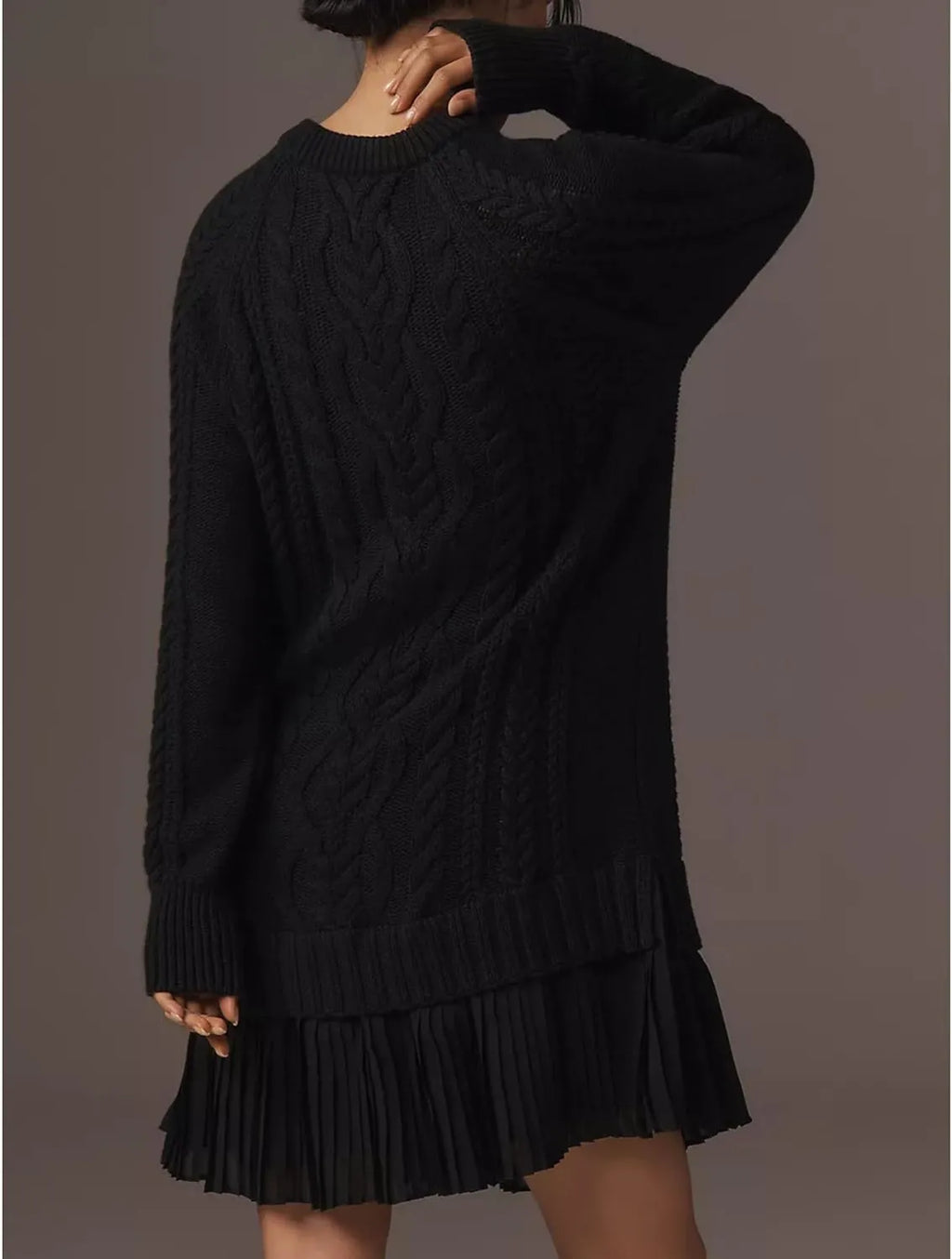 Women Cable Knit Sweater Dress Crewneck Long Sleeve Pleated Mini Dress Twofer Style Patchwork Dress