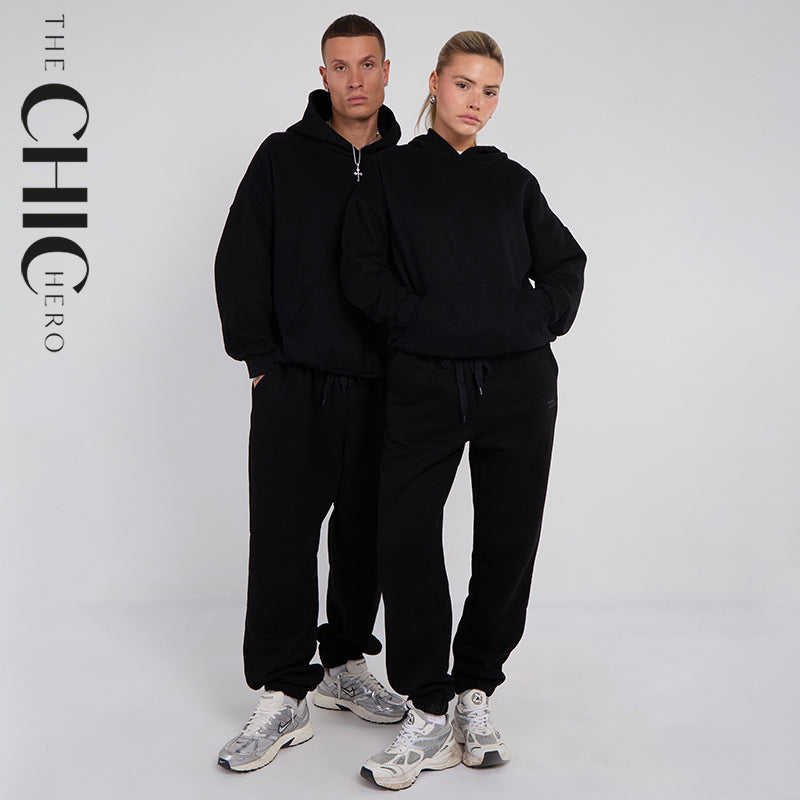 Unisex Black Minimalist Fleece Hoodie & Jogger Set Neutral Lounge Set