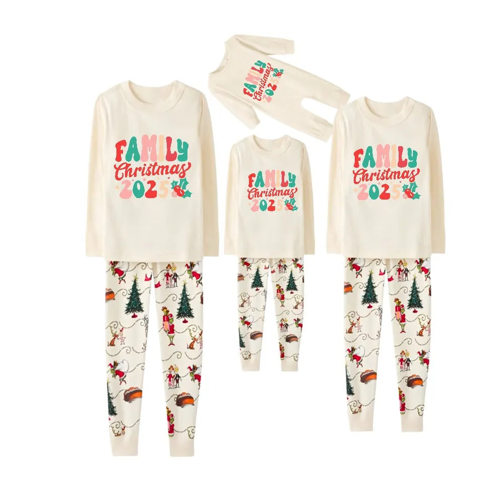 Beige Christmas Pattern Print Christmas Pajamas Set With Colorful "Family Christmas 2025" Text Print