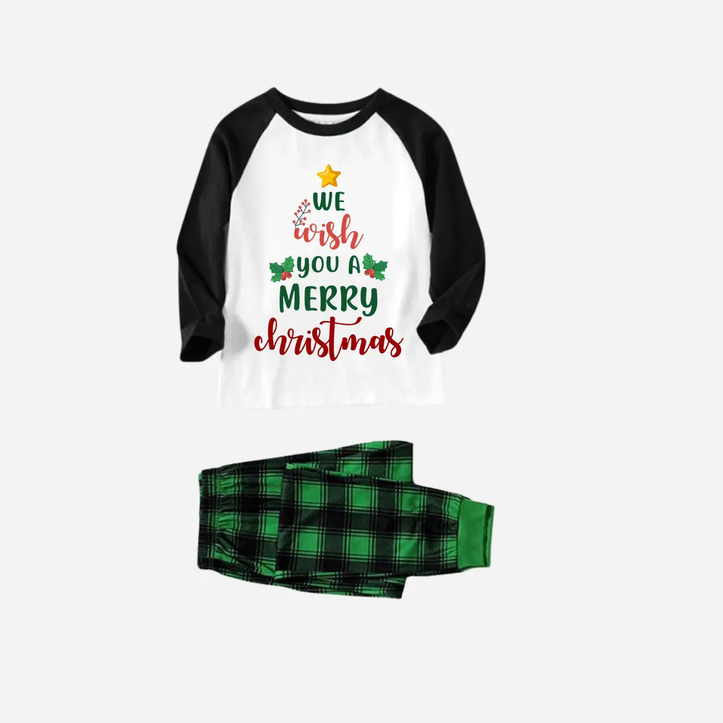 Black Raglan Top Green Plaid Christmas Pajamas Set With "We Wish You a Merry Christmas" Text Print