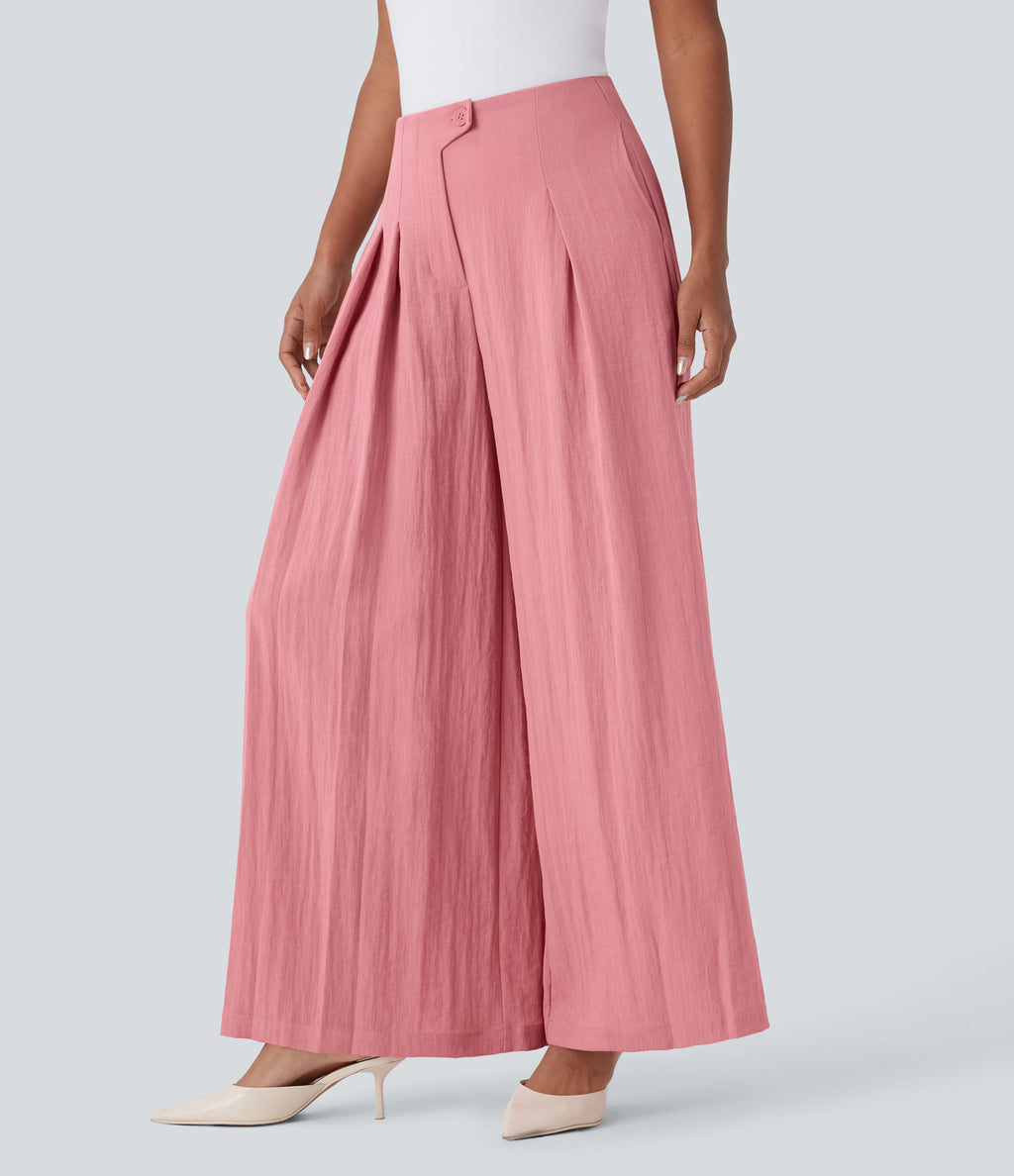 High Waisted Linen-Feel Work Wide Leg Pants with Pockets