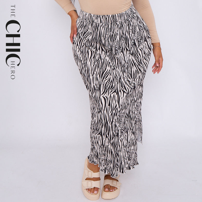 Black Zebra Abstract Print Ripple Pleated Skirt