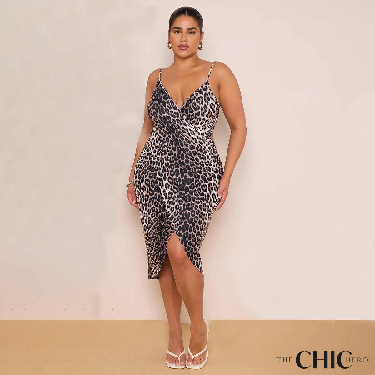 Plus Size Leopard Print Wrap Midi Dress with Spaghetti Straps