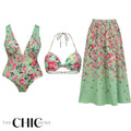 Mint Green & Pink Florals One-Piece Swimsuit&Bikini&Skirt