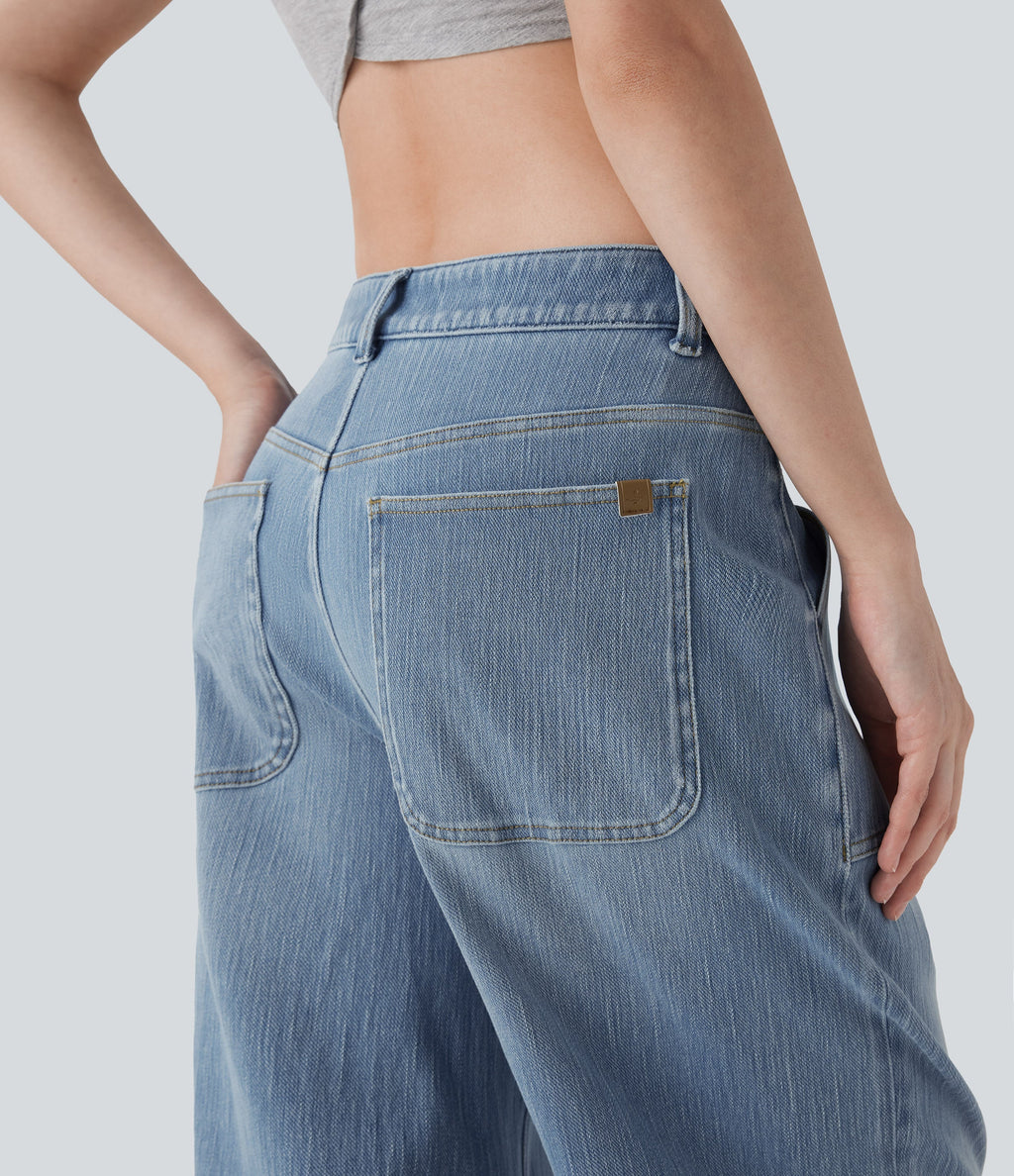 FlexTM Low Rise Rolled Hem Washed Casual Baggy Jeans with Pockets
