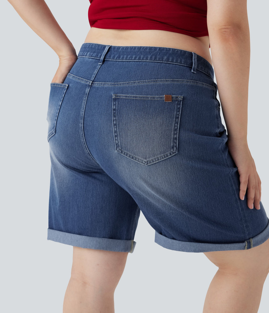 FlexTM High Waisted Multiple Pockets Rolled Hem Washed Stretchy Knit Denim Casual Plus Size Bermuda Shorts
