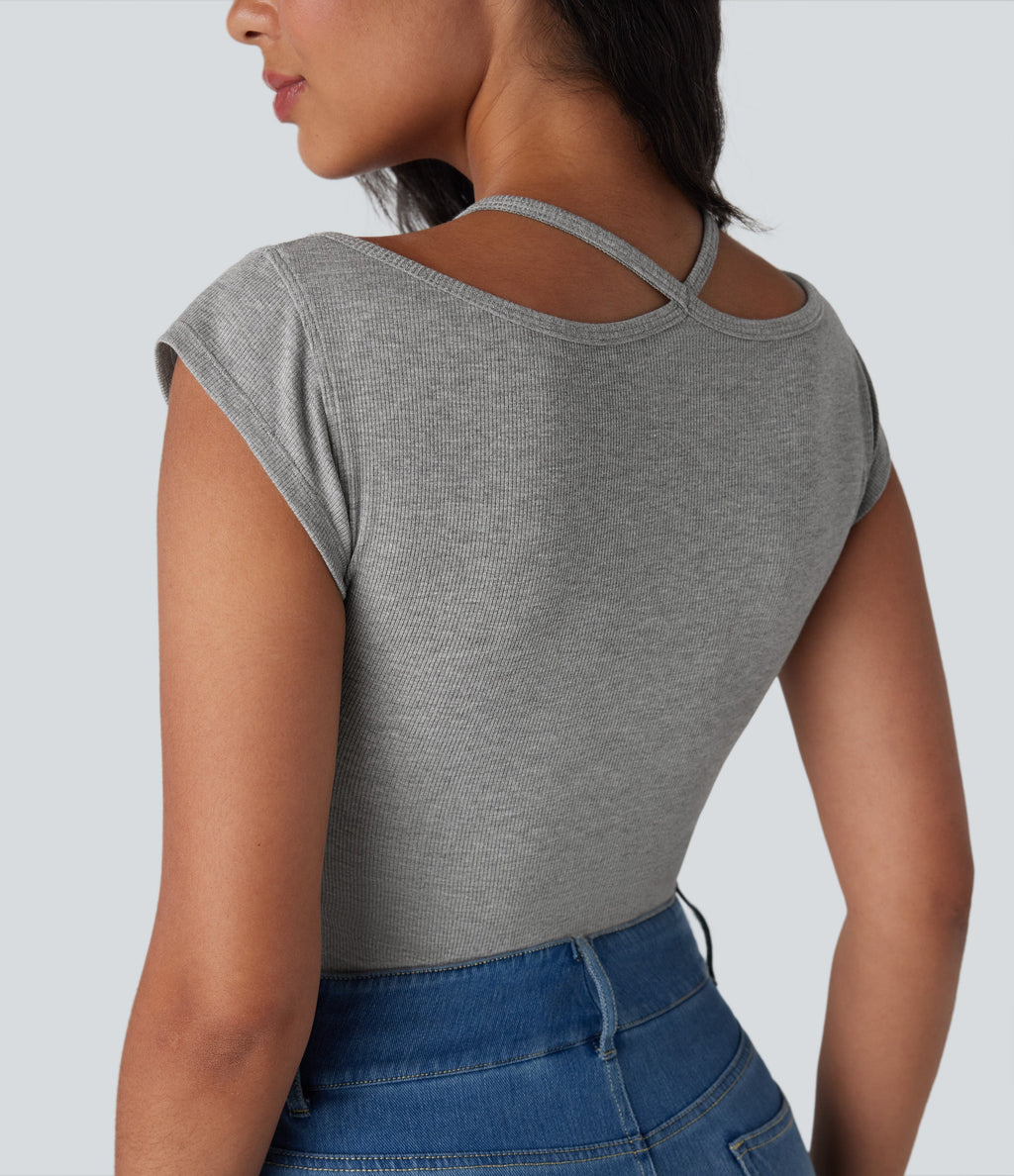 High Stretch Ribbed Knit Lace Halter Cap Sleeve Top