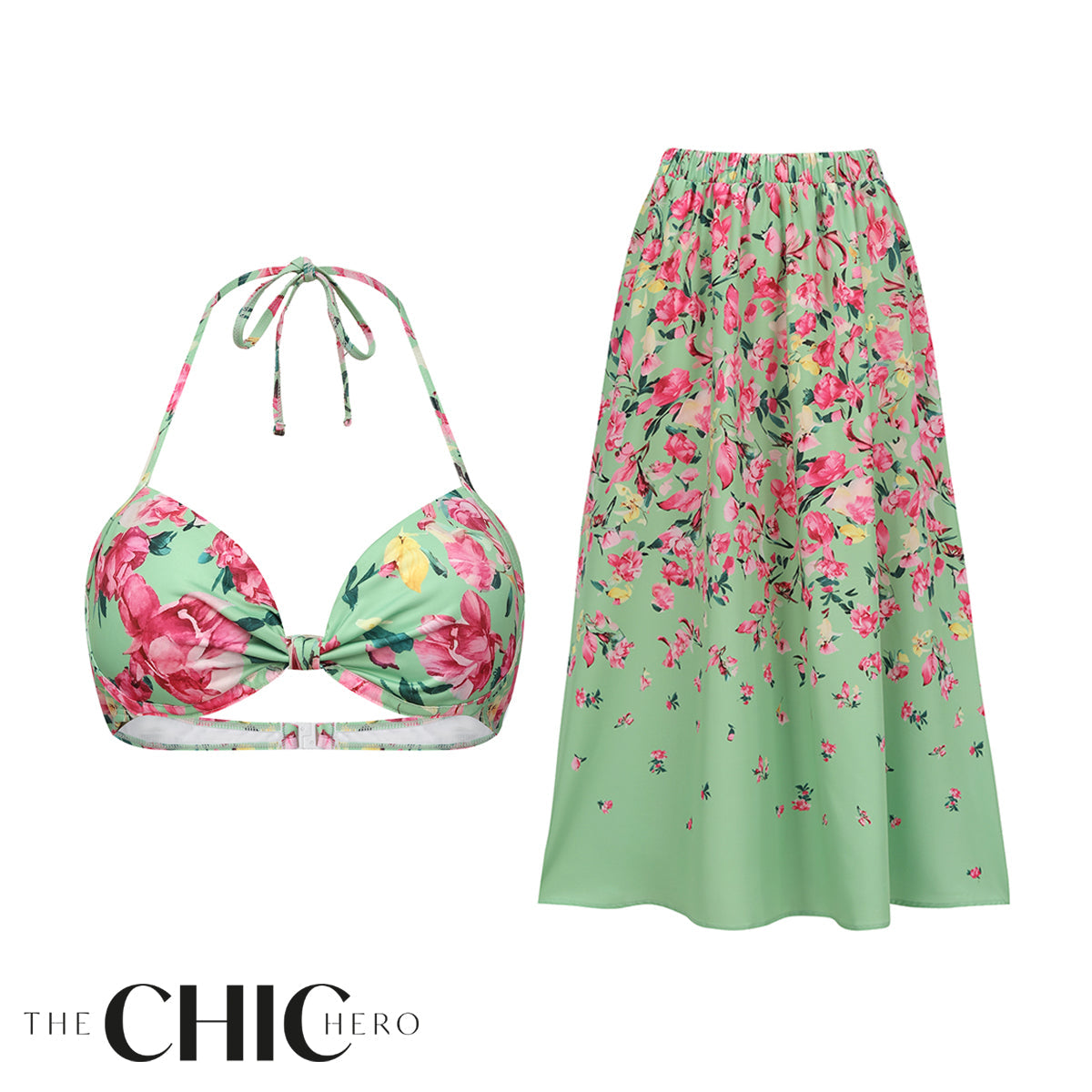 Mint Green & Pink Florals One-Piece Bikini&Skirt