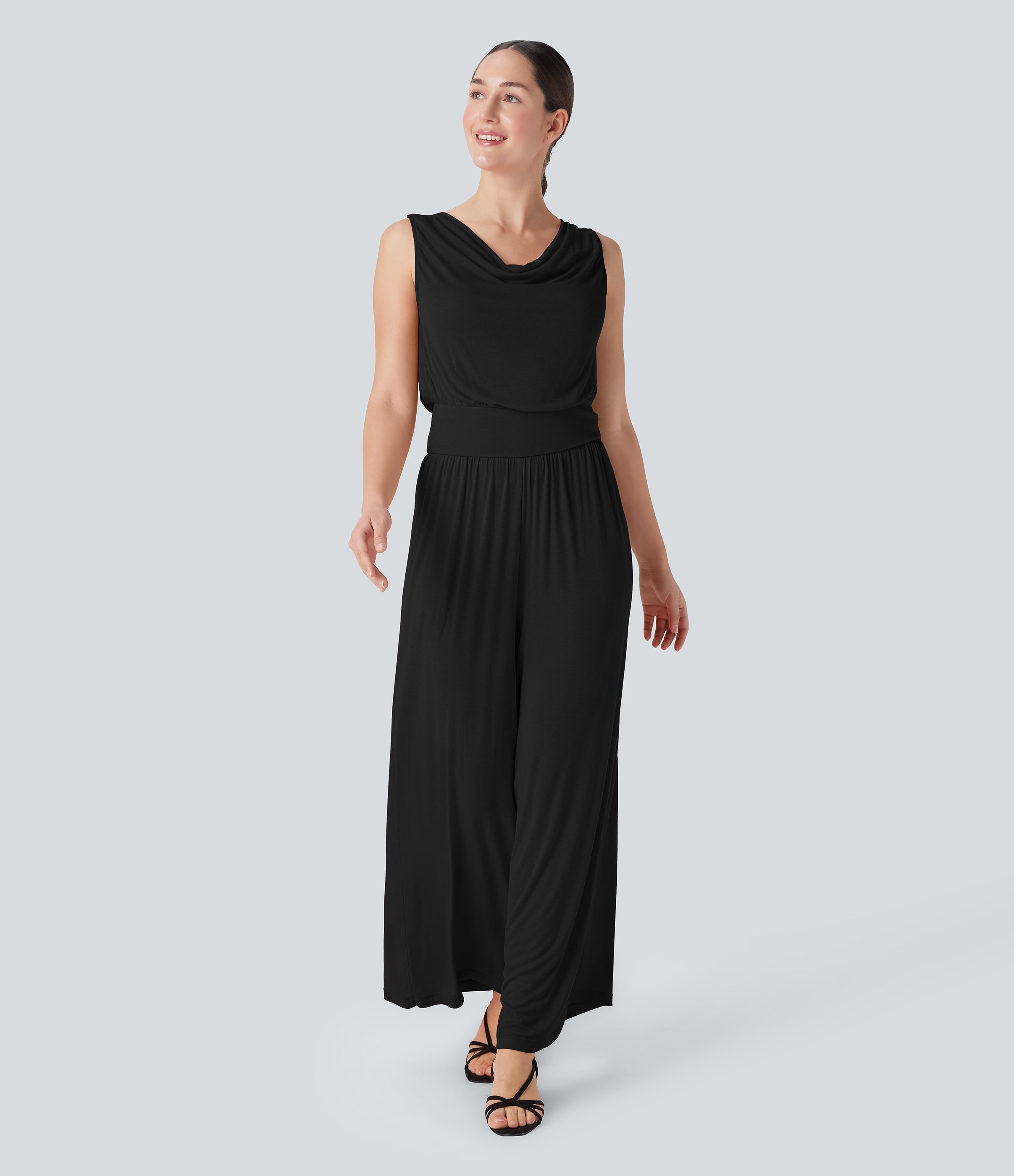 Ribbed Cowl Neck Sleeveless Wide Leg Casual Jumpsuit with Pockets