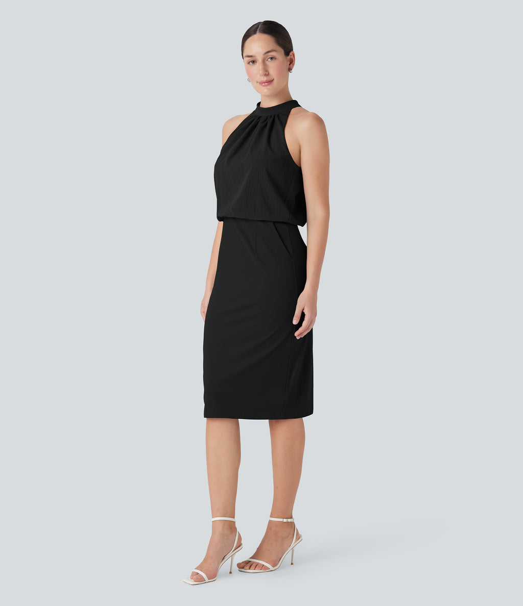 SoftlyZeroTM Airy Halter Tie Back Cool Touch Midi Work Dress with Pockets-UPF50+