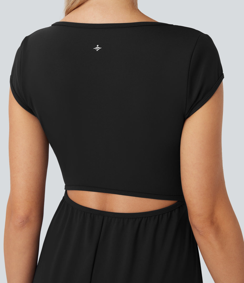 SoftlyZeroTM Airy Short Sleeve Wide Leg Cool Touch Yoga Jumpsuit with Pockets-Easy Peezy Edition