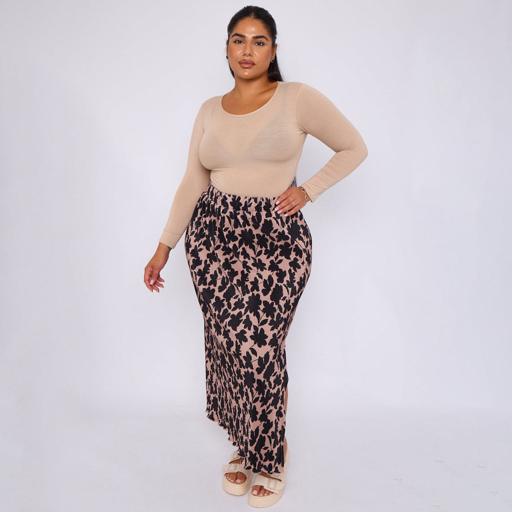 Red Leaves Print Monochrome Ripple Pleated Skirt