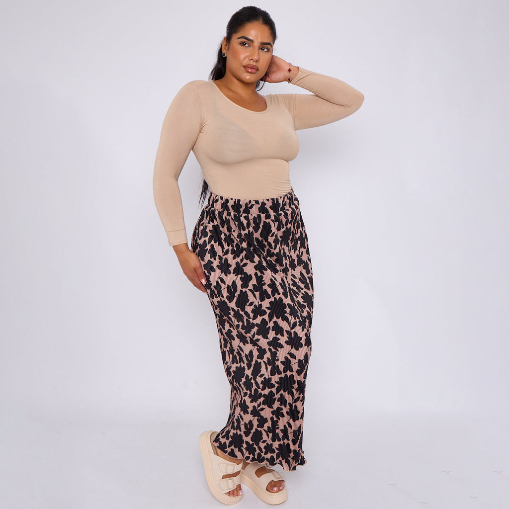 Red Leaves Print Monochrome Ripple Pleated Skirt