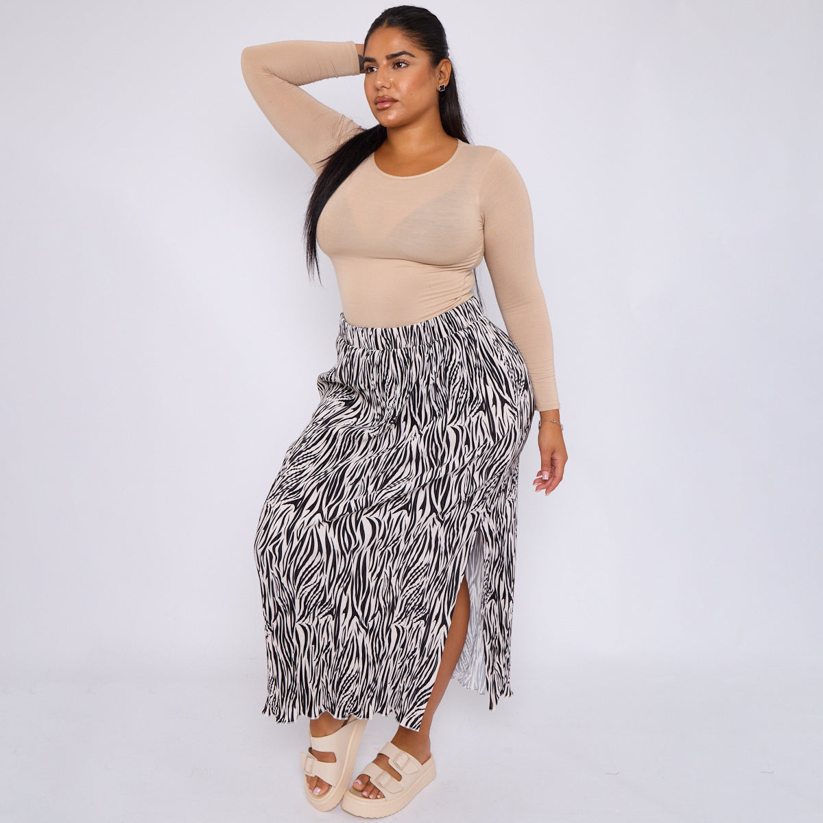 Black Zebra Abstract Print Ripple Pleated Skirt