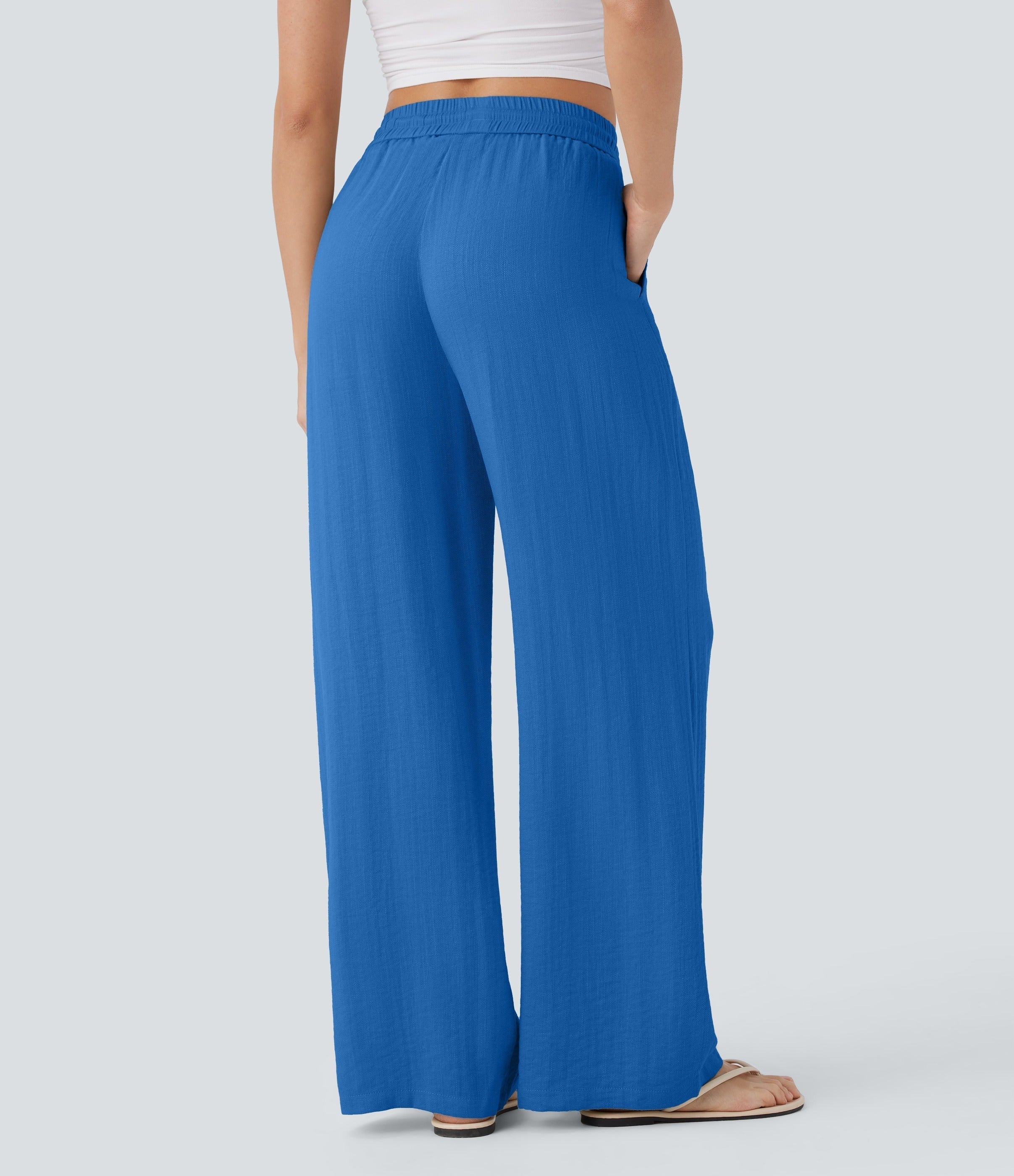 2026🔥 High Waisted Drawstring Pocket Wide Leg Casual Linen-Feel Pants