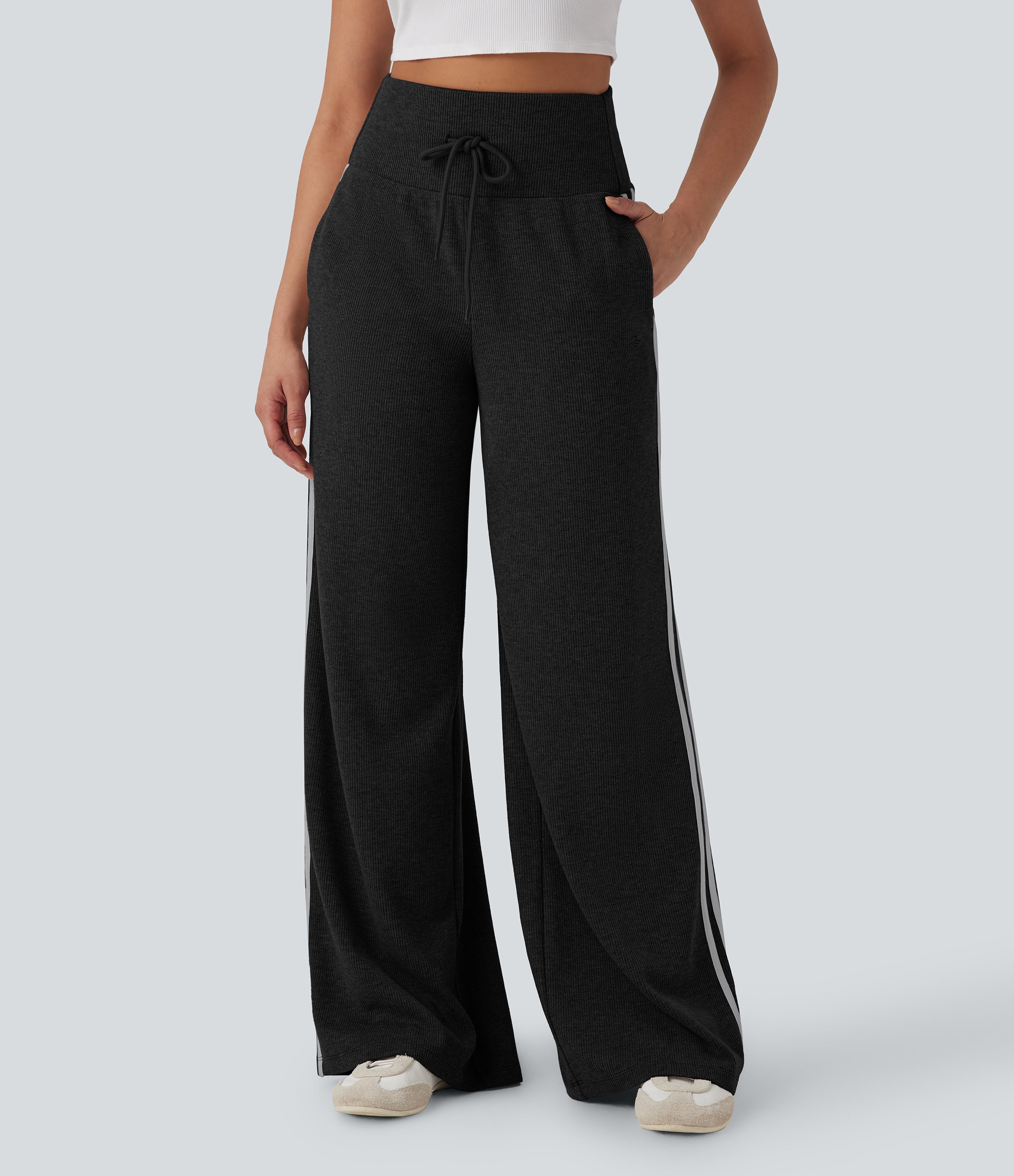 Ribbed SoCinched High Waisted Tummy Control Drawstring Wide Leg Color Block Casual Pants with Pockets