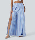 High Waisted Stripe Wide Leg Linen-Feel Pants with Pockets