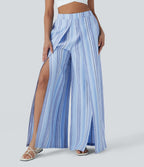 High Waisted Stripe Wide Leg Linen-Feel Pants with Pockets