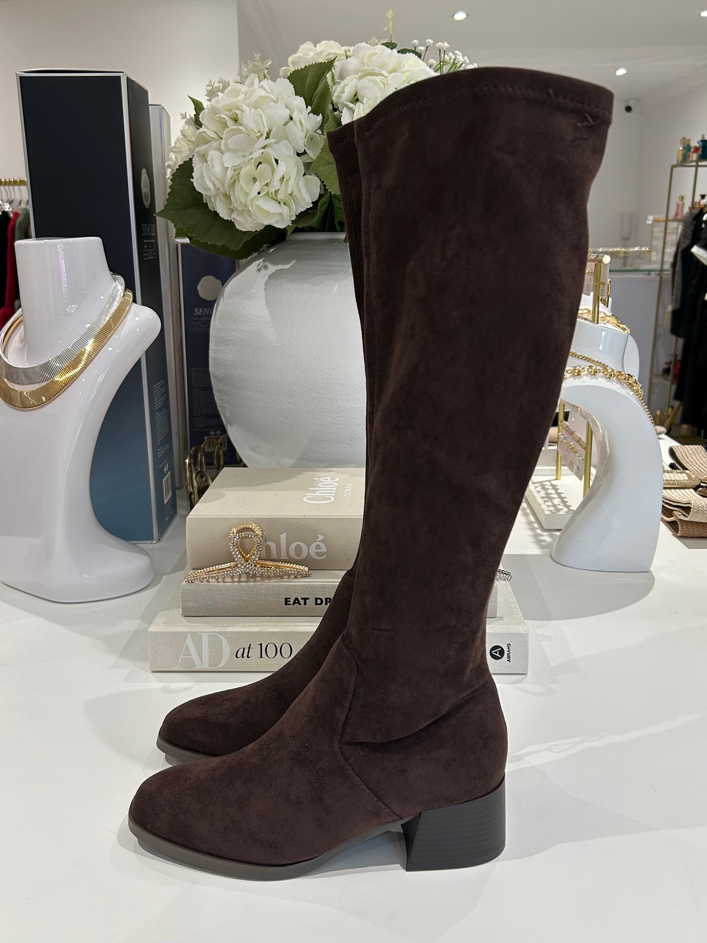 Faux Suede Knee Length Block Heel Boot (3 Colours)