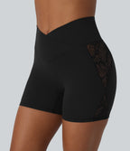 SoftlyZeroTM High Waisted Crossover Contrast Lace Built-in Underwear Yoga Biker Shorts 5'' with Pocket-UPF50+