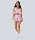 Mid Rise Drawstring Ruffle Hem Leopard Print Lounge Shorts