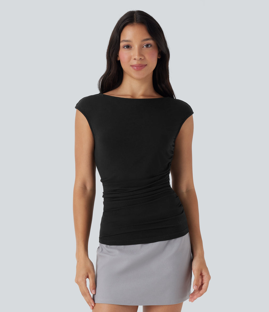 Boat Neck Cap Sleeve Ruched Casual Top