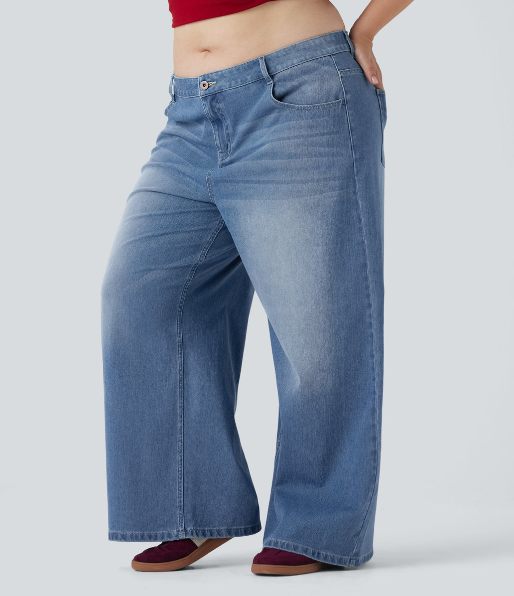 Plus Size FlexTM Low Rise Wide Leg Washed Casual Jeans with Pockets