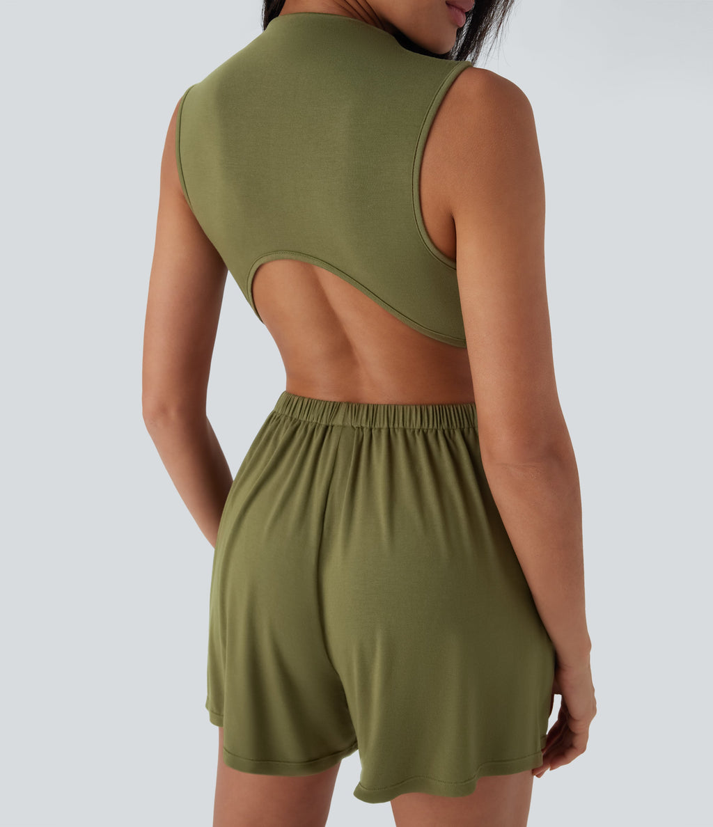 Mock-Neck Sleeveless Casual Jumpsuit with Pockets-Easy Peezy