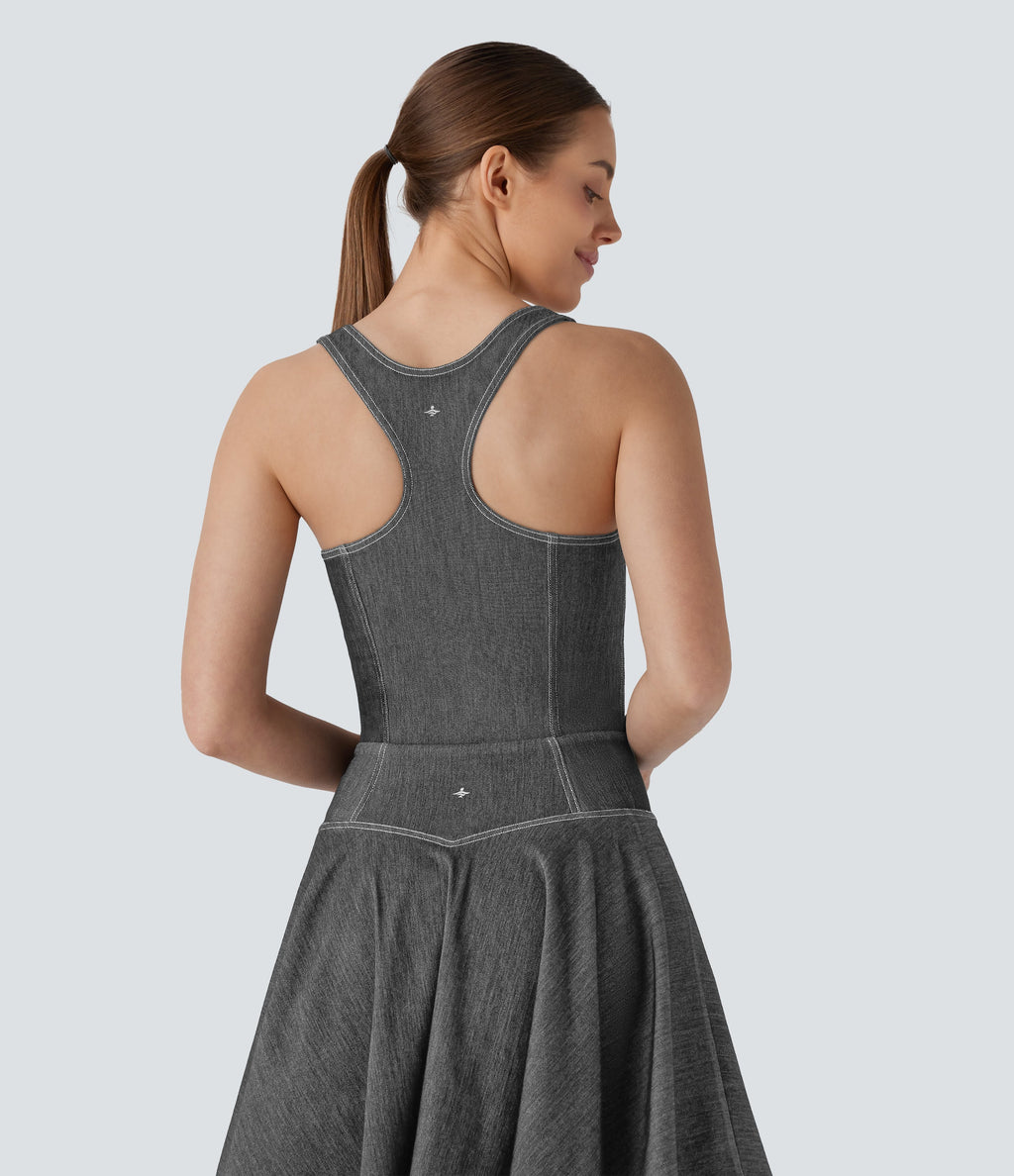 FlexTM Square Neck Racerback Cool Touch Washed Denim Tennis Bodysuit