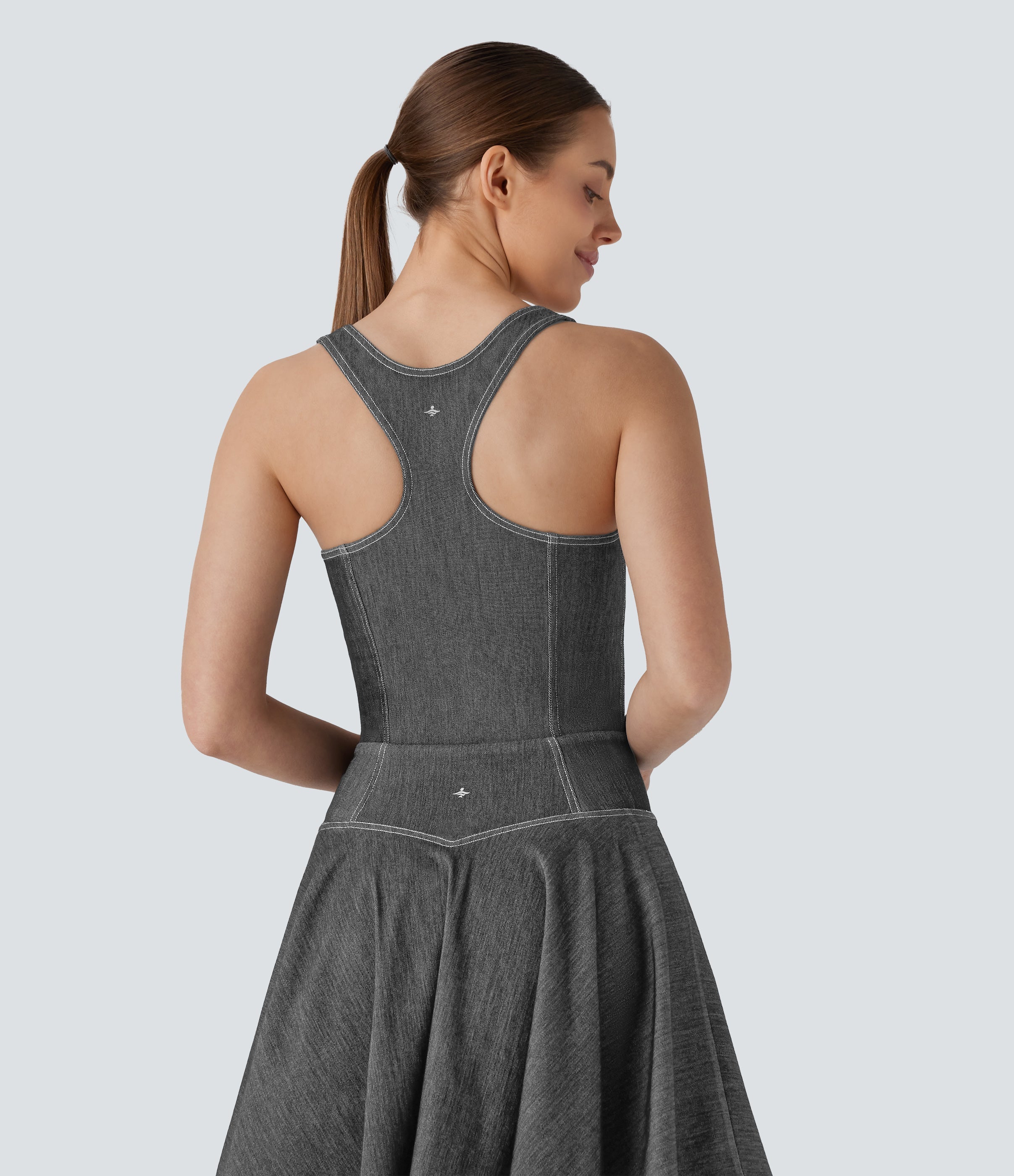 FlexTM Square Neck Racerback Cool Touch Washed Denim Tennis Bodysuit
