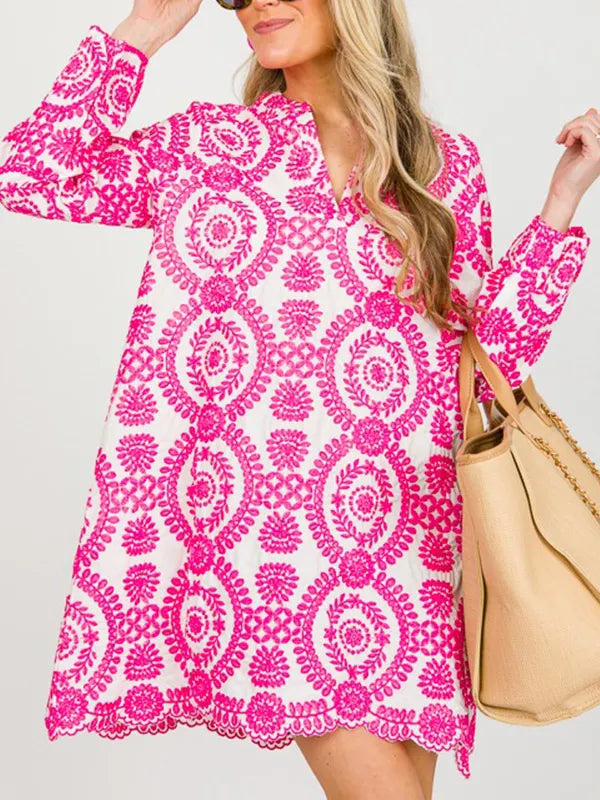NEW🔥 Printed Lace Trim V Neck Shirt Dress