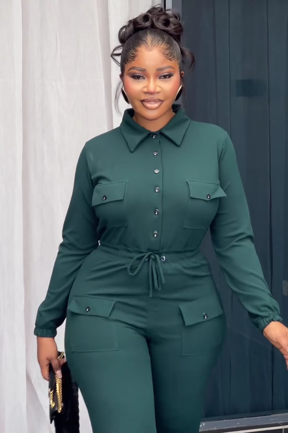 Button Up Long Sleeve Blouse Tight Fit Pants 2pcs Set-Green