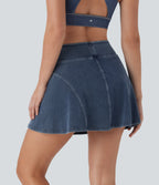 FlexTM High Waisted 2-in-1 A Line Mini Washed Denim Casual Skirt with Pockets