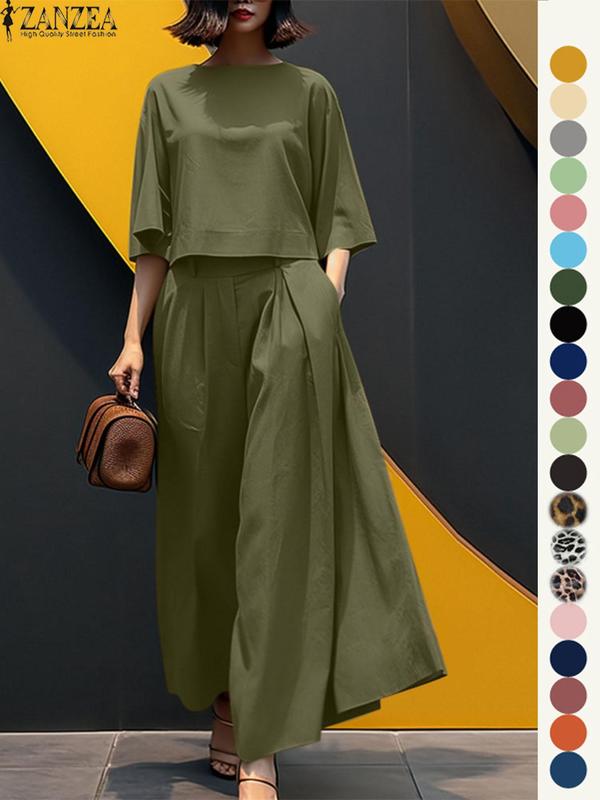 Women's Top & Wide Leg Pants Two-piece Set, Casual Fashion Cozy Three Quarter Length Sleeve Top & Trousers for Daily Outdoor Wear, Ladies Clothes for All Seasons, Womenswear, Casual Matching Set