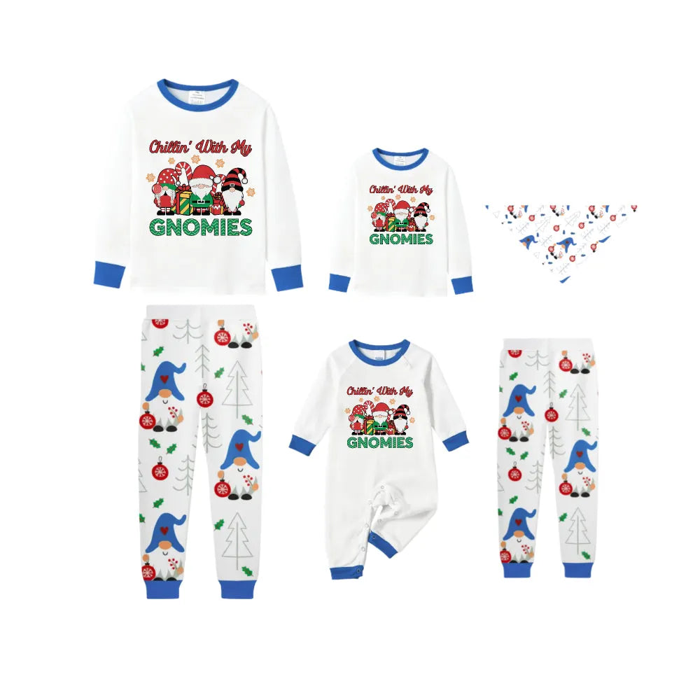 Blue Family Christmas Holiday Pajamas Set with Merry Gnome Pattern Print