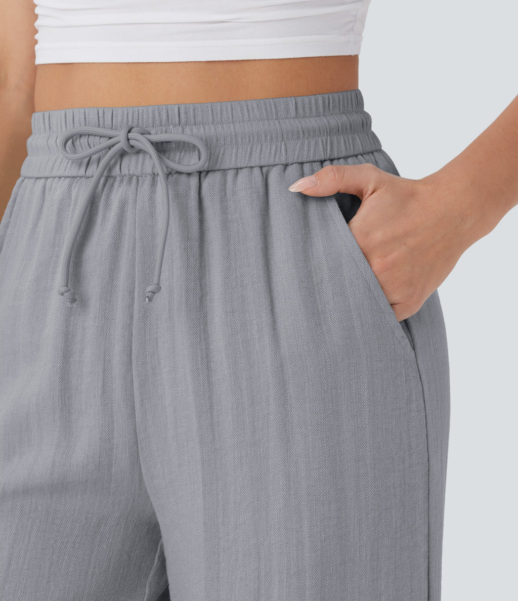 2026🔥 High Waisted Drawstring Pocket Wide Leg Casual Linen-Feel Pants