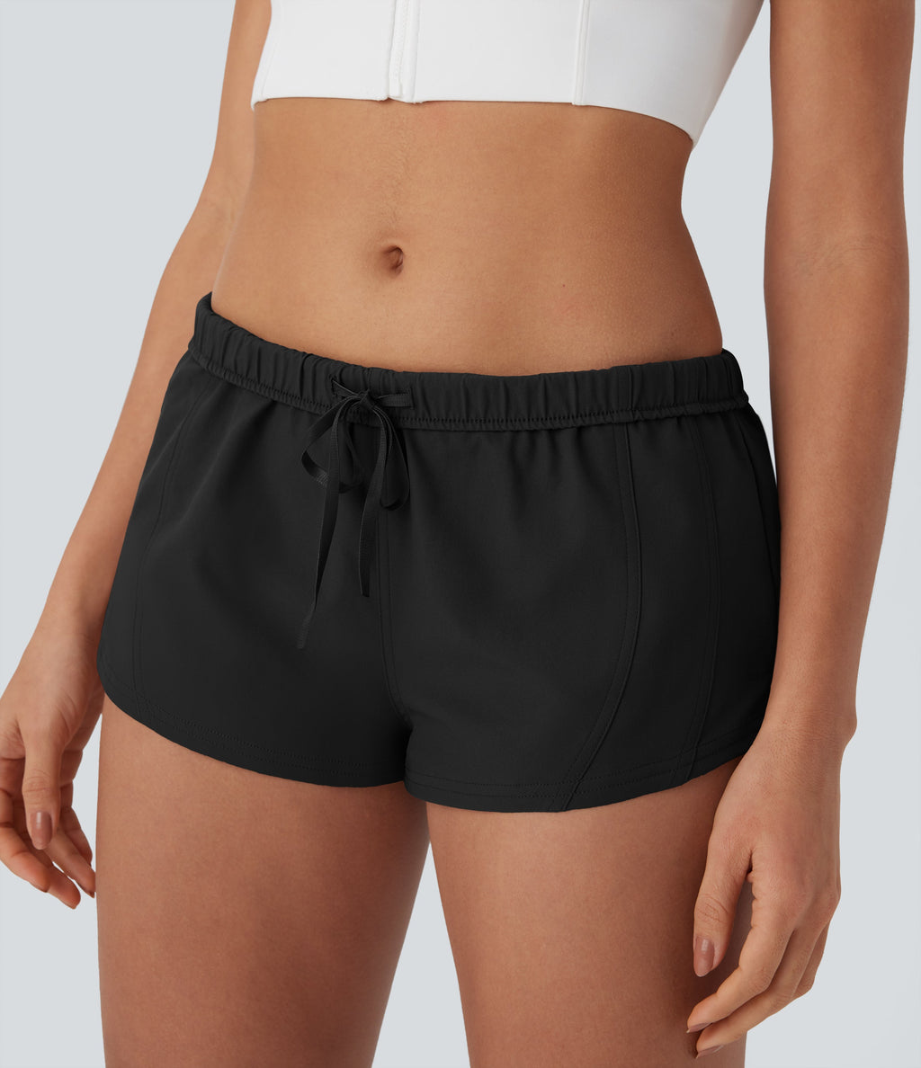 Water Repellent Foldover Low waist Drawstring 2-in-1 Twill Running Micro Shorts with Pocket