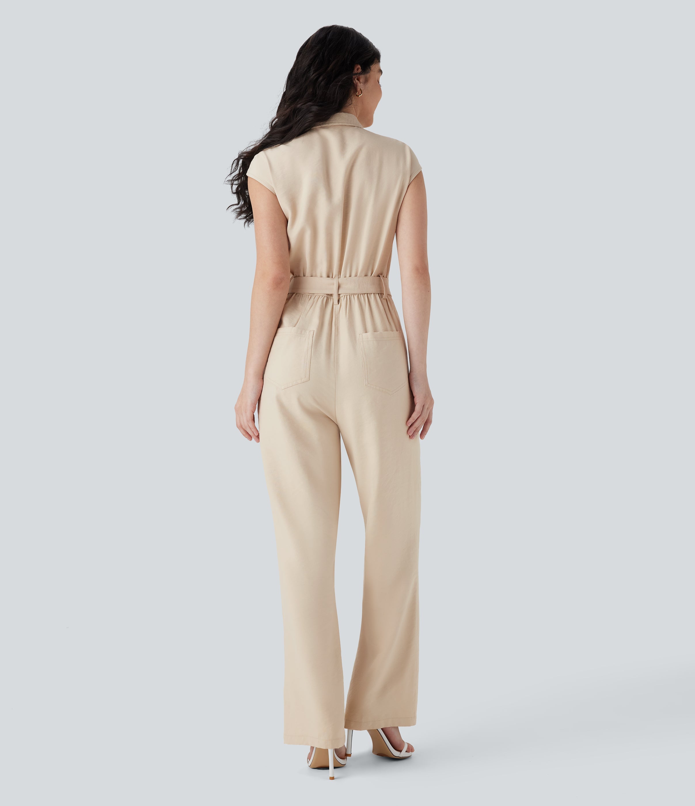 Half Zipper Cap Sleeve Straight Leg Belted Work Linen-Feel Jumpsuit with Pockets