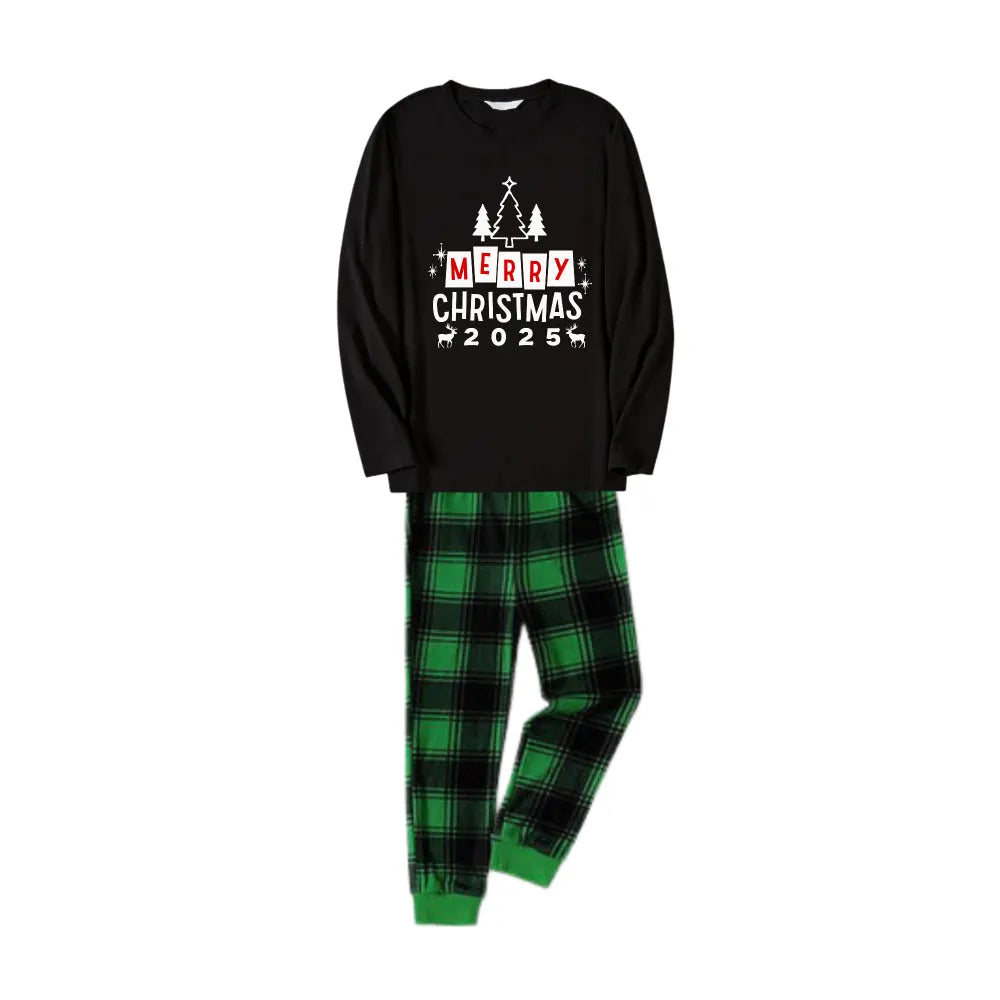 Christmas Family Matching Pajamas-Black Top and Green Plaid Pants Pjs Set with "Merry Christmas 2025" Print