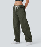 Low Rise Drawstring Ruffle Trim Dance Barrel Leg Pants with Pockets