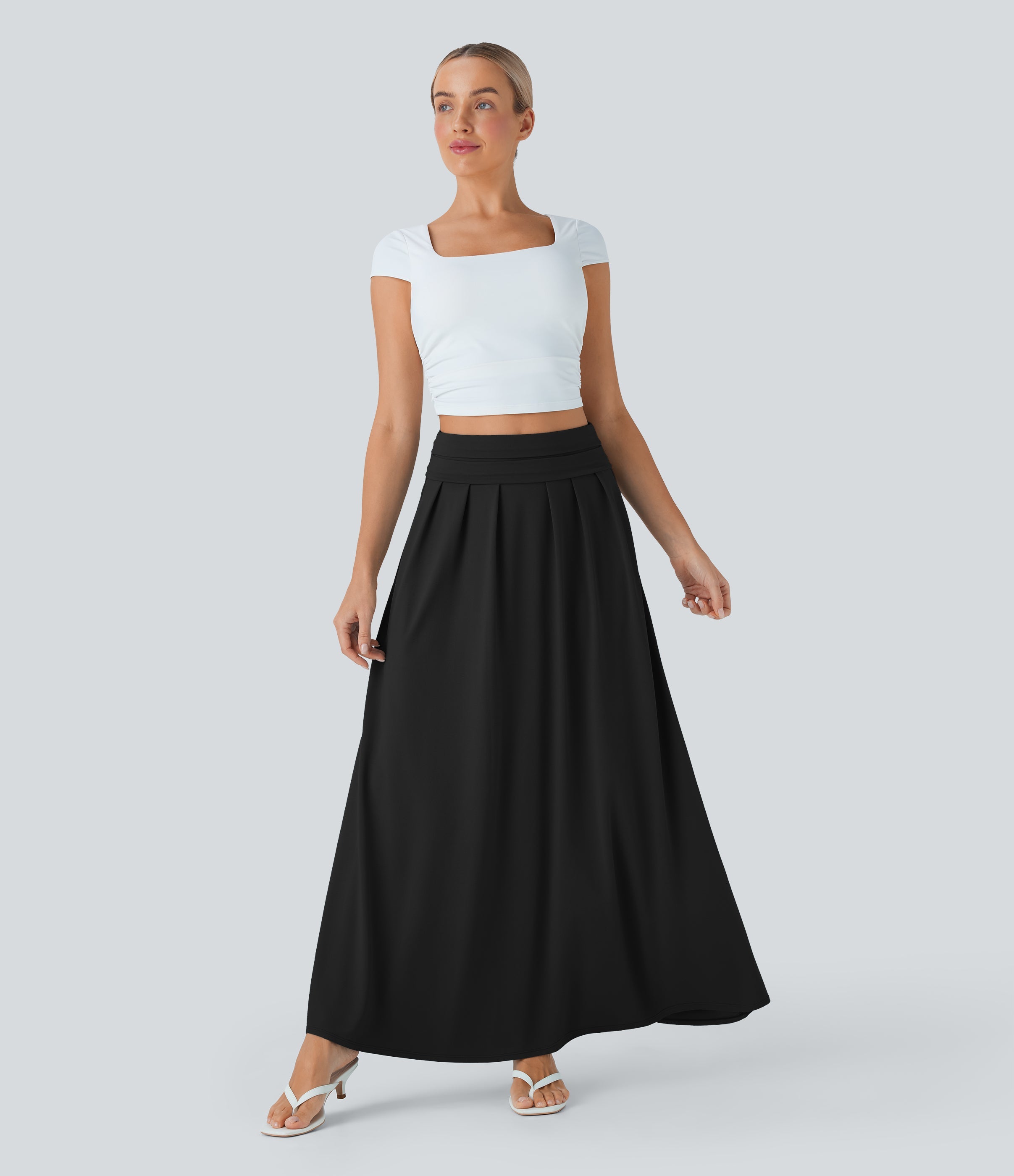 Socinched High Waisted Tummy Control Flare Maxi Casual Skirt with Pockets