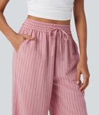 High Waisted Drawstring Wide Leg Stripe Casual Linen-Feel Pants with Pockets