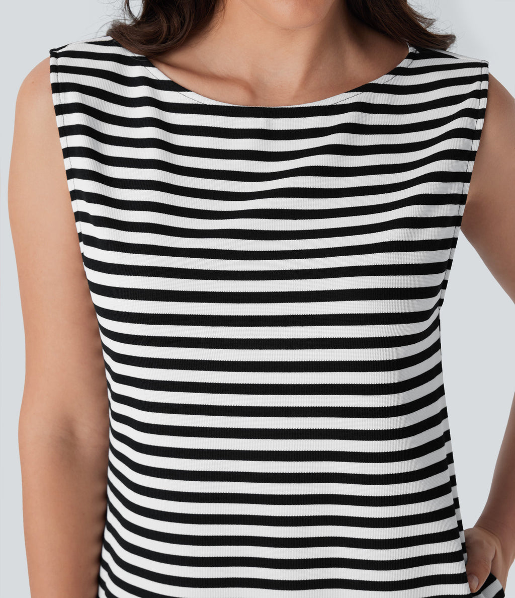 Boat Neck Sleeveless Curved Hem Mini Stripe Waffle Casual Dress with Pockets