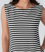 Boat Neck Sleeveless Curved Hem Mini Stripe Waffle Casual Dress with Pockets